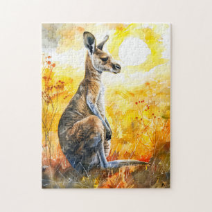 Wasserfarbe Kangaroo bei Sonnenuntergang Puzzle