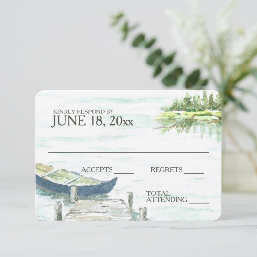 Wasserfarbe Kanusee Hochzeitreaktion RSVP Karte (Stehend Vorderseite)