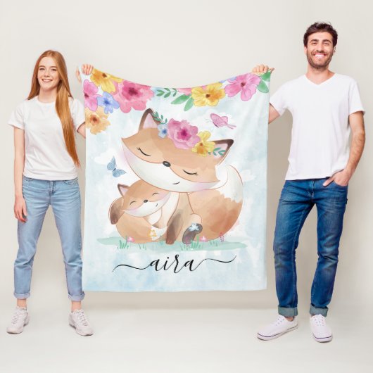 Wasserfarbe Kawaii Fox mit Blume und Individuelle  Fleecedecke (Beispiel)
