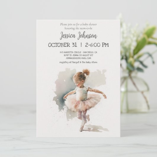 Wasserfarbe Kleine Ballerina Babydusche Einladung (Stehend Vorderseite)