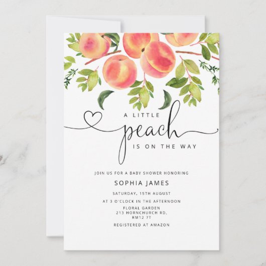 Wasserfarbe Kleine Pfirsich ist auf dem Weg Babydu Einladung (Vorderseite)