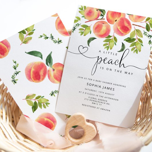 Wasserfarbe Kleine Pfirsich ist auf dem Weg Babydu Einladung