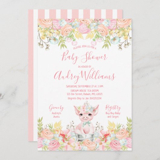 Wasserfarbe Kleine Piggy Babydusche Einladung (Vorne/Hinten)