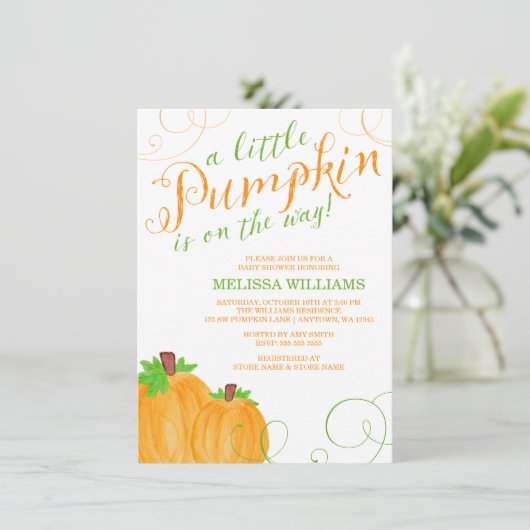 Wasserfarbe Kleine Pumpkin Fall Babydusche Einladung (Stehend Vorderseite)