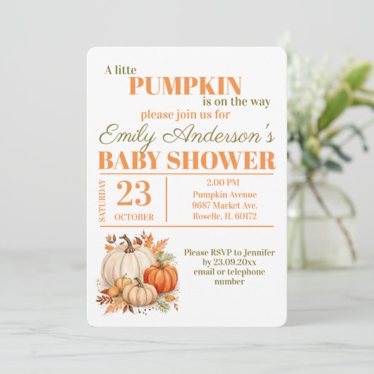 Wasserfarbe Kleine Pumpkin Orange Babydusche Einladung (Stehend Vorderseite)