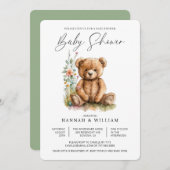 Wasserfarbe Kleine Teddy Bären Blume Babydusche Einladung (Vorne/Hinten)