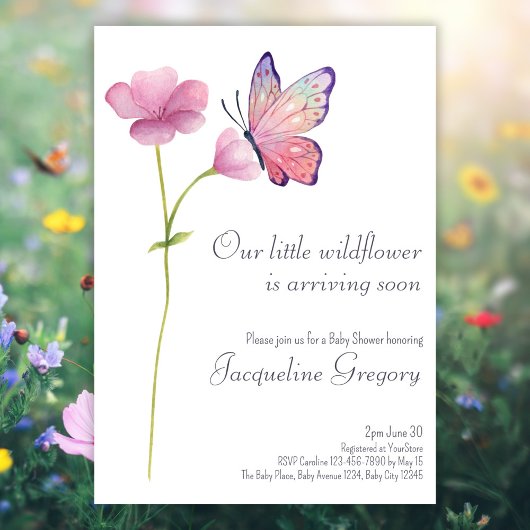 Wasserfarbe Kleine Wildblume Butterfly Babydusche Einladung