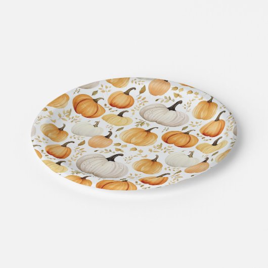 Wasserfarbe Kleiner Pumpkin Gemustert Pappteller (Schrägansicht)