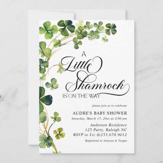 Wasserfarbe Kleines Kleeblatt Script Kinderdusche Einladung (Vorderseite)