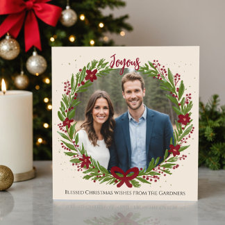 Wasserfarbe Kranz Chic Grün Rot Schleife Modern Fo Feiertagskarte