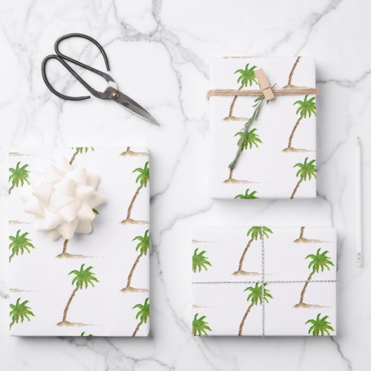 Wasserfarbe Kunst Palm Tree Strand Tropisches Meer Geschenkpapier Set (Vorderseite)