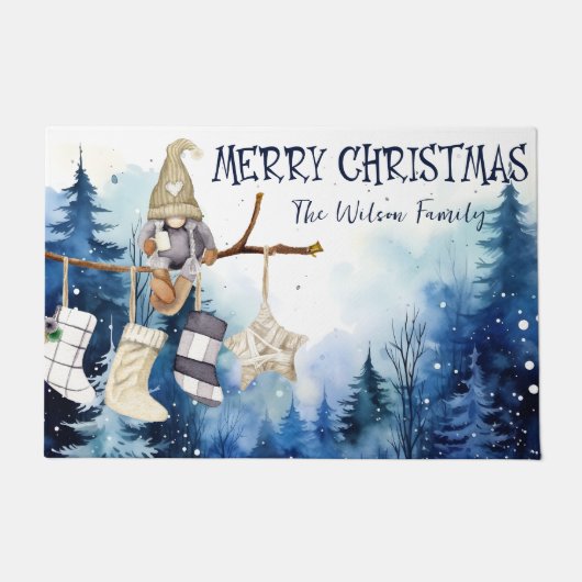 Wasserfarbe Lady Gnome Blauer Wald Frohe Weihnacht Fußmatte (Vorderseite)