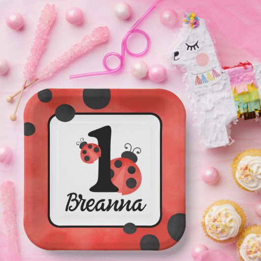 Wasserfarbe Ladybug Birthday Square Party Pappteller (Party)