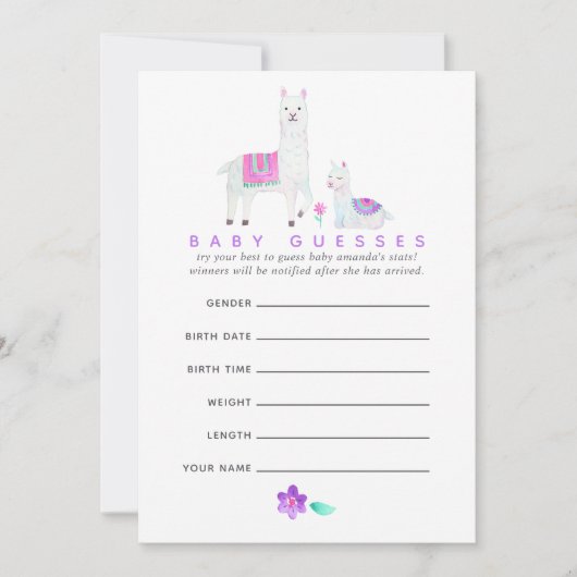 Wasserfarbe Lama Thema Baby Shower Guessing Game Einladung (Vorderseite)