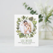 Wasserfarbe Laurel Grünes Foto Save the Date Ankündigungspostkarte (Stehend Vorderseite)