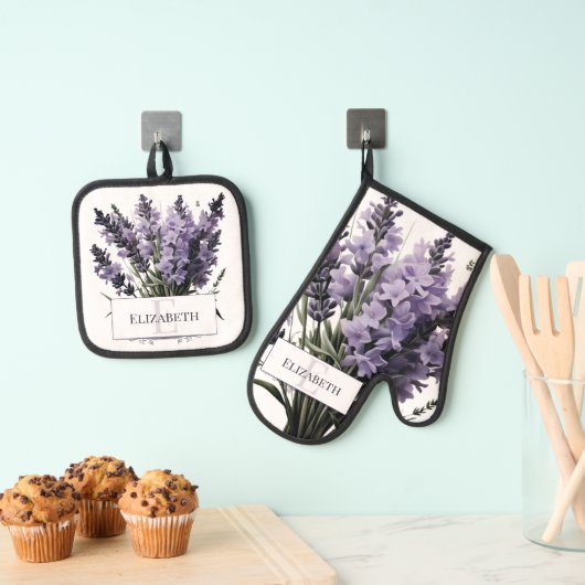 Wasserfarbe Lavender Bouquet Personalisiert Ofenhandschuh & Topflappen-Set (Insitu (Hängend))