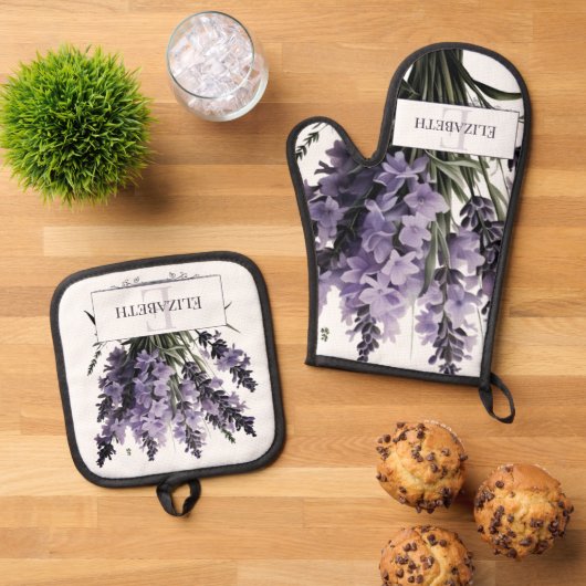 Wasserfarbe Lavender Bouquet Personalisiert Ofenhandschuh & Topflappen-Set (Oben Unten)