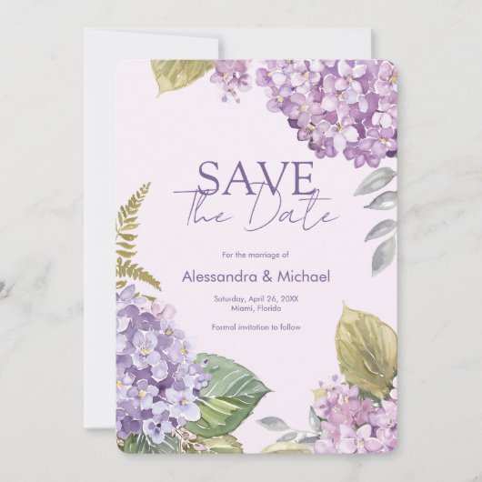 Wasserfarbe Lavender Hydrangea Save the Date Einladung (Vorderseite)