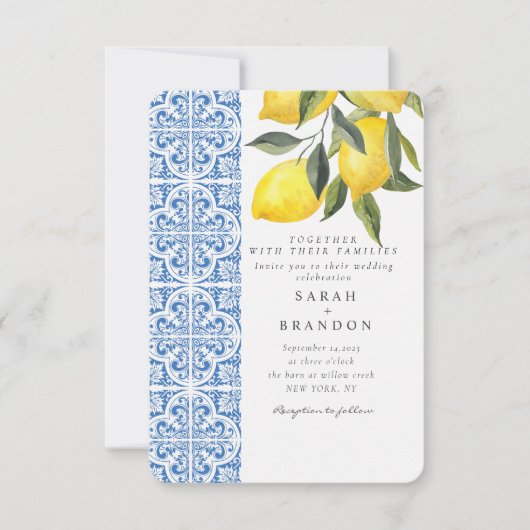 Wasserfarbe Lemon Blauer Kachel Mittelmeer Hochzei Einladung (Vorderseite)