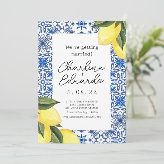 Wasserfarbe Lemon Blauer Kachel Mittelmeer Hochzei Einladung (Stehend Vorderseite)