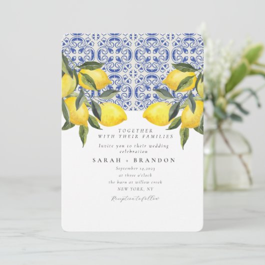 Wasserfarbe Lemon Blauer Kachel Mittelmeer Hochzei Einladung (Stehend Vorderseite)