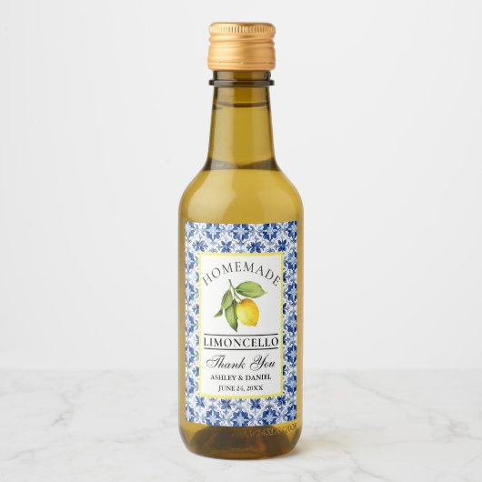 Wasserfarbe Lemon Blauer Tile Limoncello Mini Labe Weinetikett (Vorderseite)