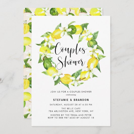 Wasserfarbe Lemon Blossom Wreath Paare Dusche Einladung (Vorne/Hinten)