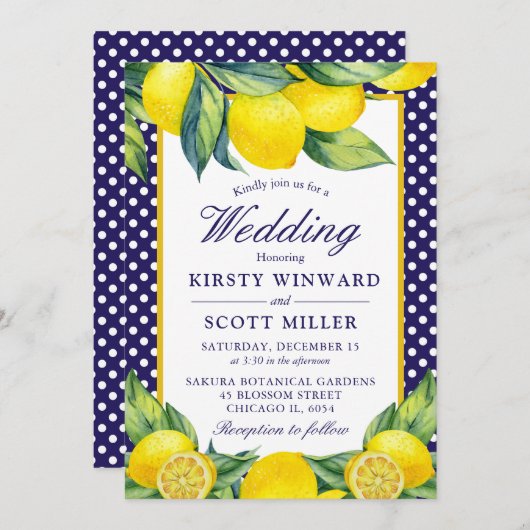 Wasserfarbe Lemon Floral Blue Polka Dot Einladung (Vorne/Hinten)