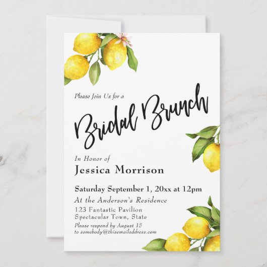 Wasserfarbe Lemons Bridal Brunch Typografie Einladung (Vorderseite)