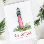 Wasserfarbe Leuchtturm Florida Strand Weihnachten<br><div class="desc">Diese Weihnachtskarte zum Thema Küste zeigt meine originale handgemalte Aquarelljupiter, Florida Leuchtturm mit einer Garlandesfolge in Rot- und Grüntönen auf einem knusprigen weißen Hintergrund. Die Wörter Seas und Greetings sind Set in einer modernen Schriftzeichen-Typografie in Beerenrot. Das Innere ist mit einer massiven Beerenfarbe und einem individuellen Gruß in Weiß versehen....</div>