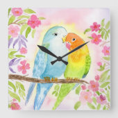 Wasserfarbe Liebesvögel mit rosa Blumen Quadratische Wanduhr (Vorderseite)
