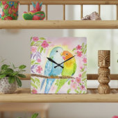 Wasserfarbe Liebesvögel mit rosa Blumen Quadratische Wanduhr