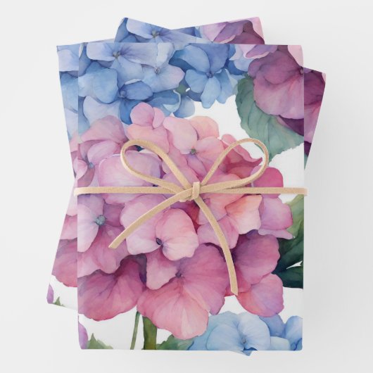 Wasserfarbe Lila, blau, rosa Hydrangea-Blume Geschenkpapier Set (Beispiel)