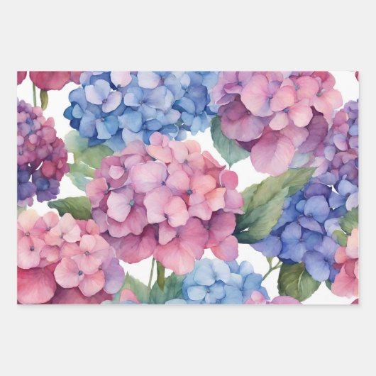Wasserfarbe Lila, blau, rosa Hydrangea-Blume Geschenkpapier Set (Vorderseite)