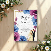 Wasserfarbe Lila Blaue Blumen Elegante Hochzeit Einladung