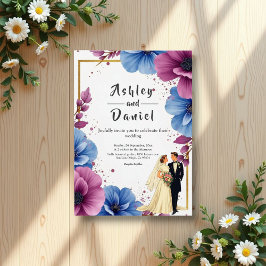 Wasserfarbe Lila Blaue Blumen Elegante Hochzeit Einladung