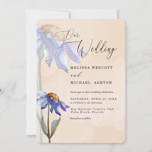 Wasserfarbe Lila Blue Daisy Peach Rustic Wedding Einladung (Vorderseite)