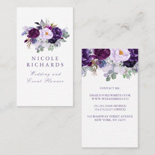 Wasserfarbe Lila Blumen Elegante Bohemisch Visitenkarte (Vorne/Hinten)