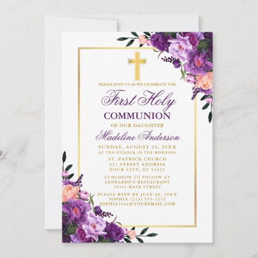 Wasserfarbe Lila Blütengold Erste Kommune Einladung (Vorderseite)