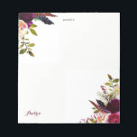 Wasserfarbe Lila Boho Bläserner Herbst Personalisi Notizblock<br><div class="desc">Ein böhmisch inspiriert Notizblock mit Aquarellbildern von lila,  roten und rosa Rosen und Pfannenbäumen mit Federakzent. Dieses Notizblock mit Blumenmuster ist perfekt für den persönlichen Gebrauch.</div>