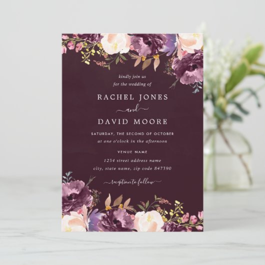 Wasserfarbe Lila Burgund Blumenhochzeit Einladung (Stehend Vorderseite)