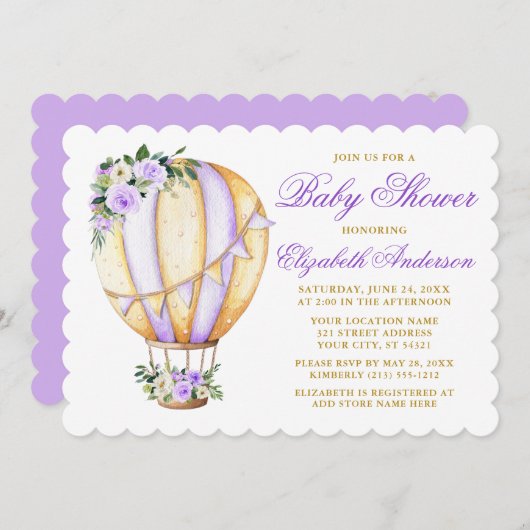Wasserfarbe Lila Floral Baby Dusche Luftballon Einladung (Vorne/Hinten)