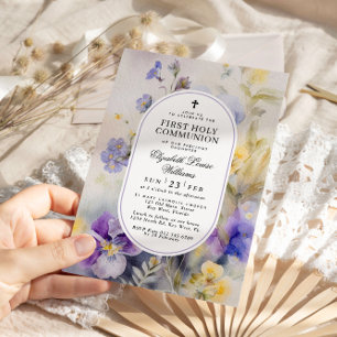 Wasserfarbe Lila & gelb Erste heilige Kommune Einladung