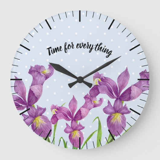 Wasserfarbe Lila Iris Botanische florale Kunst, Di Große Wanduhr (Vorderseite)