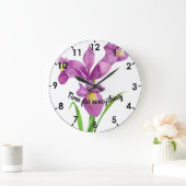 Wasserfarbe Lila Iris Botanische florale Kunst, Di Große Wanduhr (Zuhause)
