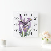 Wasserfarbe Lila Iris Botanische florale Kunst, Di Quadratische Wanduhr (Zuhause)
