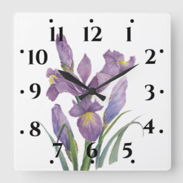 Wasserfarbe Lila Iris Botanische florale Kunst, Di Quadratische Wanduhr