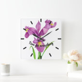 Wasserfarbe Lila Iris Botanische florale Kunst, Di Quadratische Wanduhr (Zuhause)