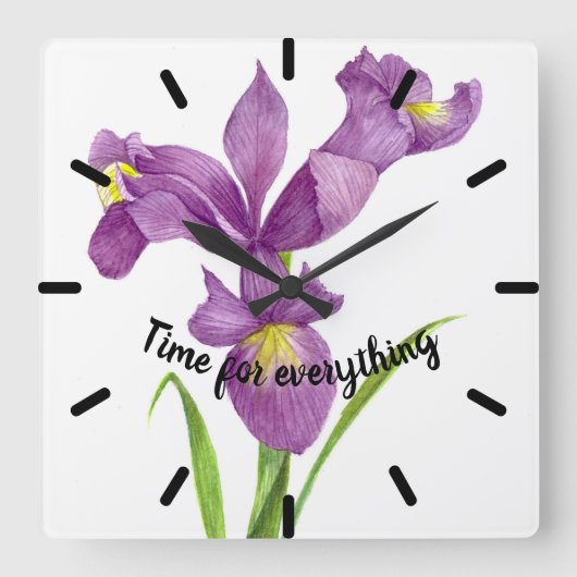 Wasserfarbe Lila Iris Botanische florale Kunst, Di Quadratische Wanduhr (Vorderseite)