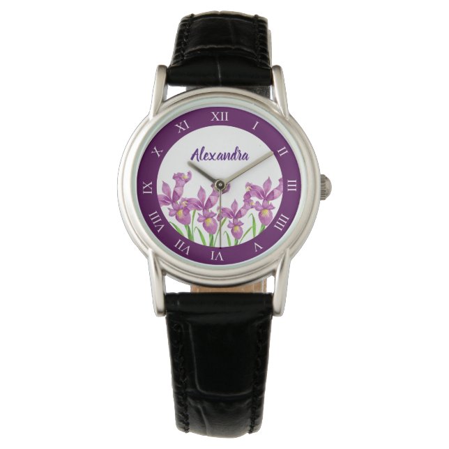 Wasserfarbe Lila Iris Botanische römische Zahlen Armbanduhr (Vorderseite)